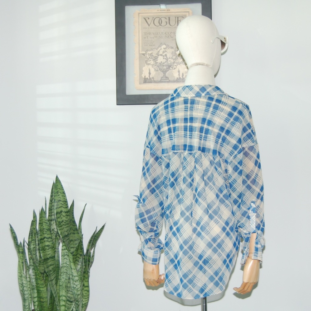 Free People Sheer Blue Plaid Long Sleeve High Low Blouse - Picture 2 of 6